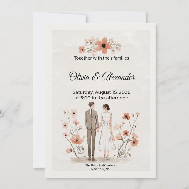 Terracotta Floral & Couple Illustration Wedding Card (Front)