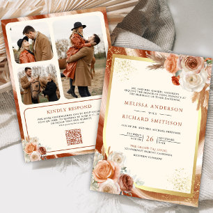 Terracotta Floral Cream Gold Photo QR Code Wedding Invitation