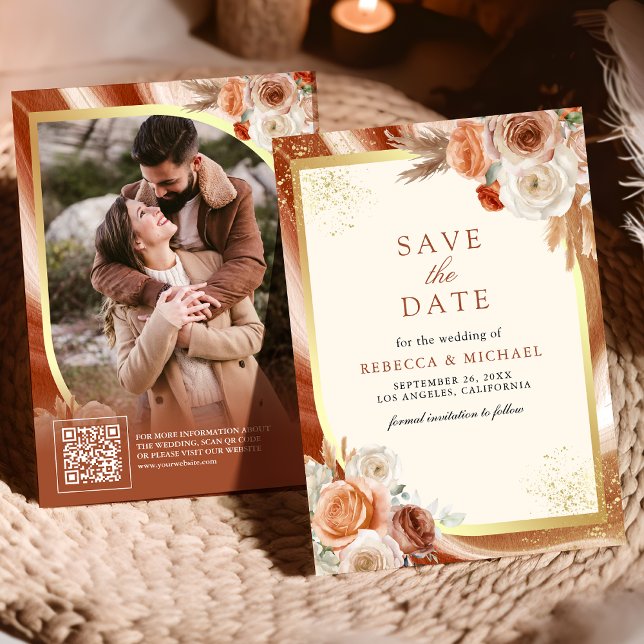 Terracotta Floral Cream Gold QR Code Photo Wedding Save The Date (Creator Uploaded)