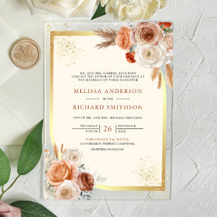 Terracotta Floral Cream Gold Wedding Acrylic Invitations