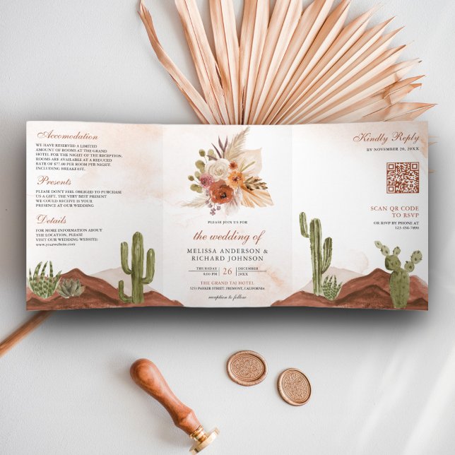 Terracotta Floral Desert Cactus QR Code Wedding Tri-Fold Invitation (Creator Uploaded)