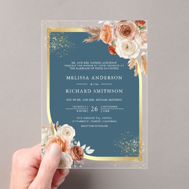Terracotta Floral Dusty Blue Gold Wedding Acrylic Invitations (Insitu (Handheld))
