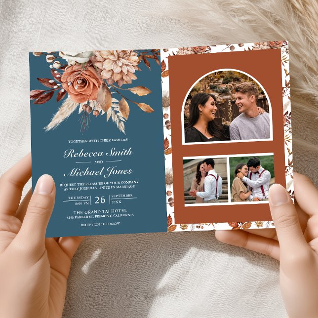 Terracotta Floral Dusty Blue QR Code Wedding Invitation (Creator Uploaded)