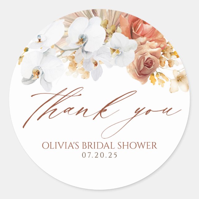 Terracotta Floral Exotic Boho Thank You Classic Round Sticker (Front)