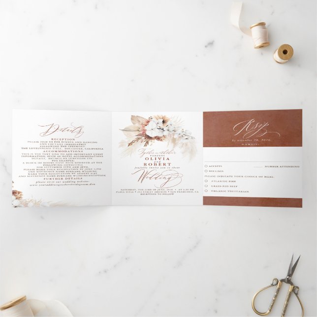 Terracotta Floral Exotic Modern Boho Wedding Tri-Fold Invitation (Inside)