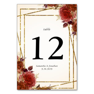 Terracotta Floral Gold Glitter Frame Wedding Table Number