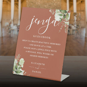Terracotta Floral Greenery Jenga Wedding Guestbook Pedestal Sign