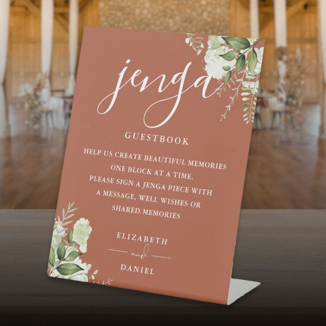 Terracotta Floral Greenery Jenga Wedding Guestbook Pedestal Sign (Terracotta Floral Greenery Jenga Wedding Guestbook Pedestal Sign)