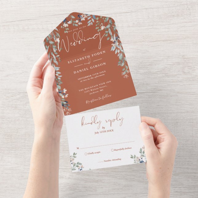 Terracotta Floral Greenery Script Wedding All In One Invitation (Tearaway)