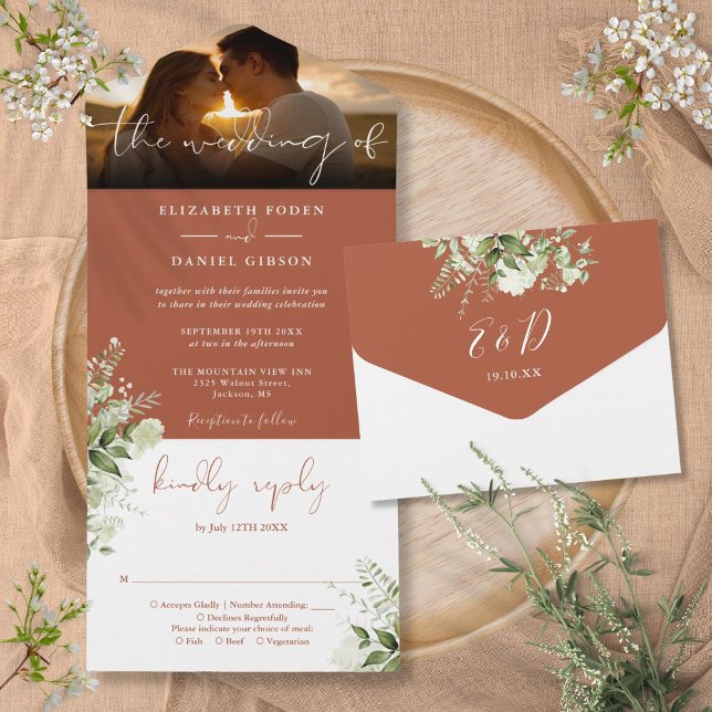 Terracotta Floral Greenery Wedding Photo All In One Invitation (Terracotta Floral Greenery Wedding Photo All In One Invitation)