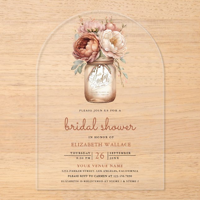 Terracotta Floral Mason Jar Bridal Shower Acrylic Invitations (Front)