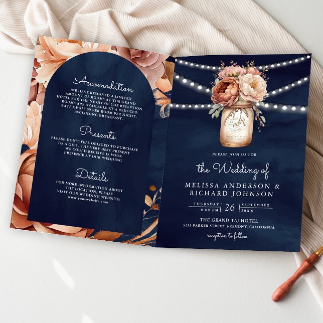 Terracotta Floral Mason Jar Navy QR Code Wedding Invitation (Creator Uploaded)