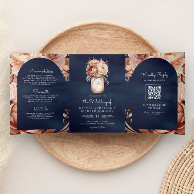 Terracotta Floral Mason Jar Navy QR Code Wedding Tri-Fold Invitation (Creator Uploaded)