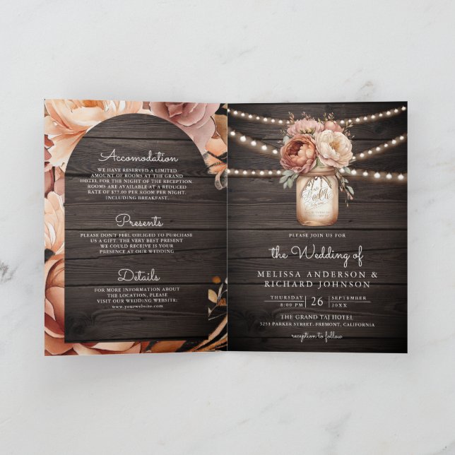 Terracotta Floral Mason Jar Wood QR Code Wedding Invitation (Inside)