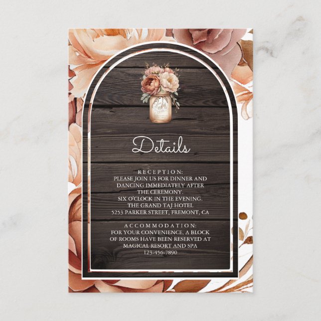 Terracotta Floral Mason Jar Wood Wedding Details Enclosure Card (Front)