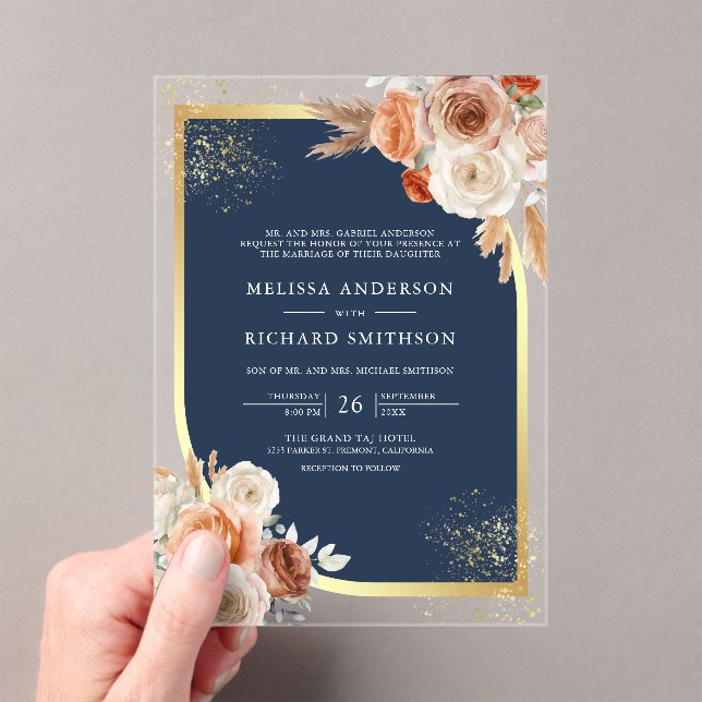 Terracotta Floral Navy Blue Gold Wedding Acrylic Invitations (Insitu (Handheld))