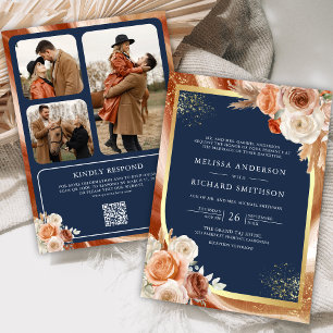 Terracotta Floral Navy Blue Photo QR Code Wedding Invitation