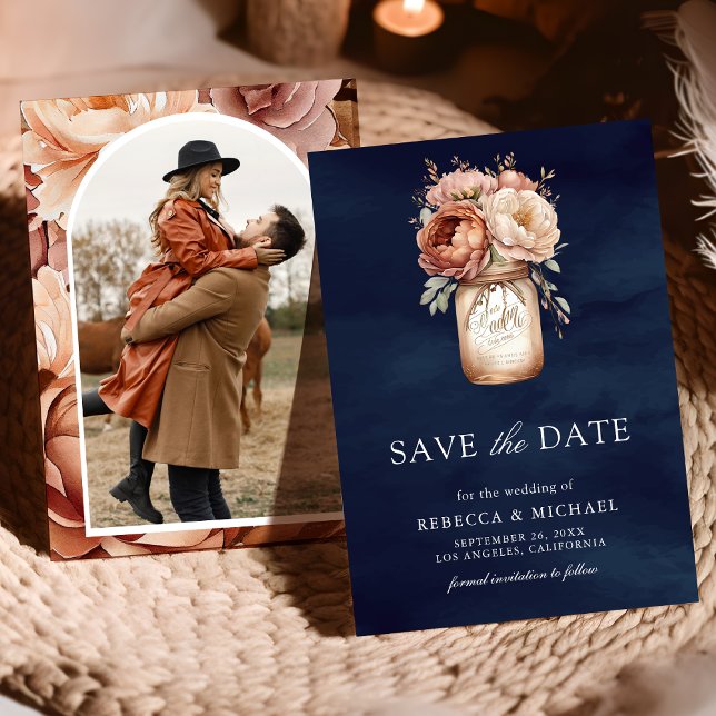 Terracotta Floral Navy Blue Photo Wedding Save The Date (Creator Uploaded)