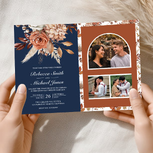 Terracotta Floral Navy Blue QR Code Wedding Invitation