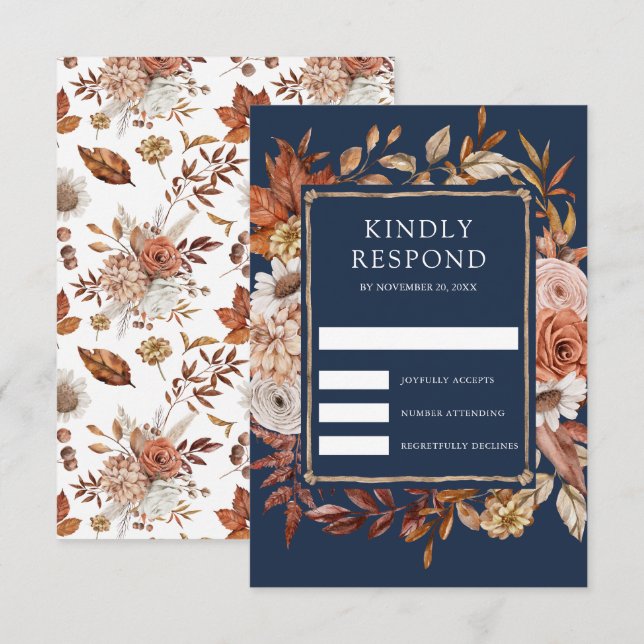 Terracotta Floral Navy Blue Wedding RSVP Card (Front/Back)