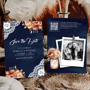 Terracotta Floral Navy Photo QR Code Wedding Save The Date