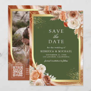 Terracotta Floral Olive Green QR Code Wedding Save The Date