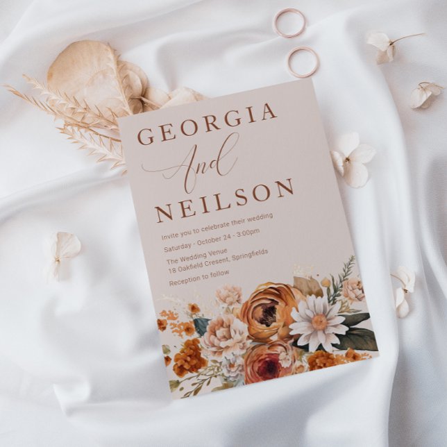 Terracotta Floral Orange Brown Autumn Fall Wedding Invitation (Creator Uploaded)