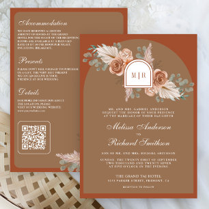 Terracotta Floral Pampas Beige Tan QR Code Wedding Invitation
