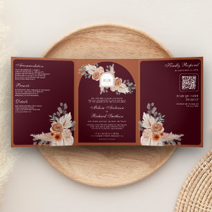 Terracotta Floral Pampas Burgundy QR Code Wedding Tri-Fold Invitation