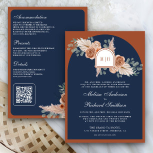 Terracotta Floral Pampas Burnt Orange Navy Wedding Invitation