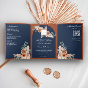 Terracotta Floral Pampas Burnt Orange Navy Wedding Tri-Fold Invitation