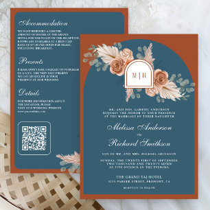Terracotta Floral Pampas Dusty Blue Wedding Invitation