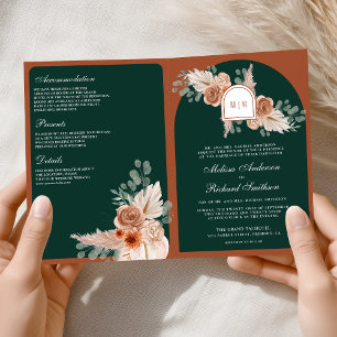 Terracotta Floral Pampas Emerald QR Code Wedding Invitation