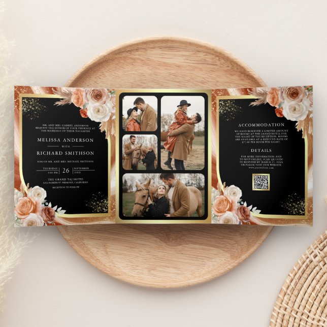 Terracotta Floral Pampas Gold Black Wedding Tri-Fold Invitation (Creator Uploaded)
