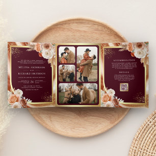 Terracotta Floral Pampas Gold Burgundy Wedding Tri-Fold Invitation