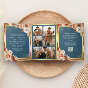 Terracotta Floral Pampas Gold Dusty Blue Wedding Tri-Fold Invitation