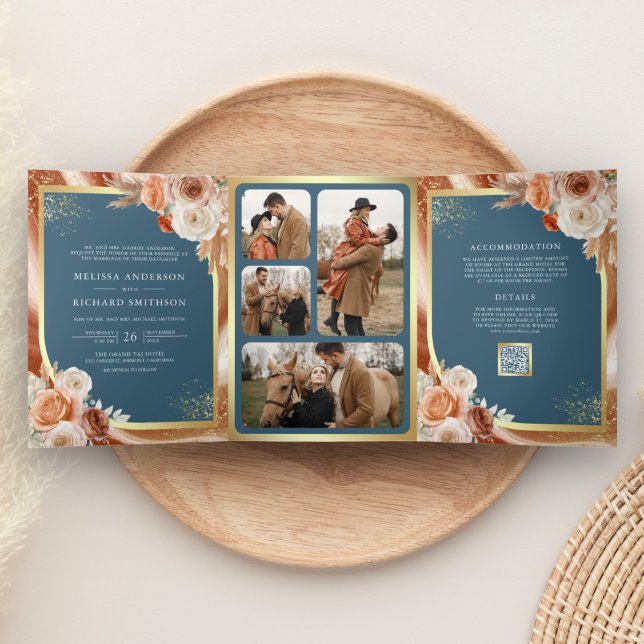 Terracotta Floral Pampas Gold Dusty Blue Wedding Tri-Fold Invitation (Creator Uploaded)