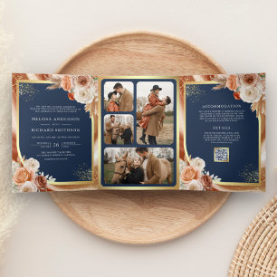 Terracotta Floral Pampas Gold Navy Blue Wedding Tri-Fold Invitation