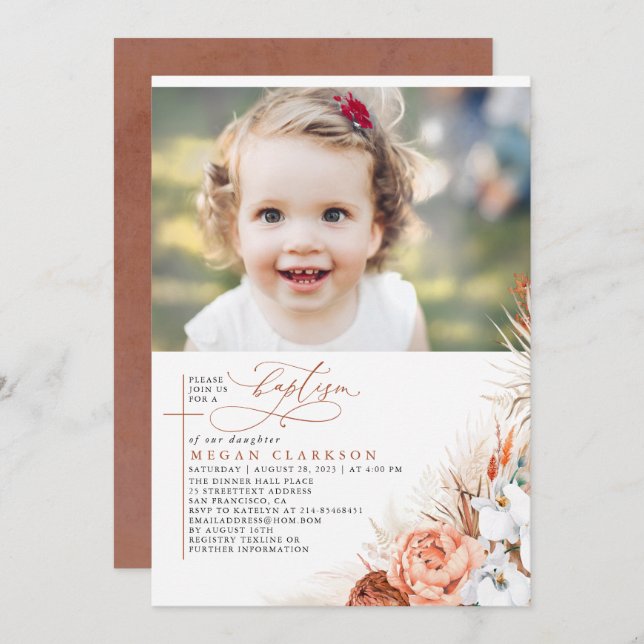 Terracotta Floral Pampas Grass Baptism Photo Invitation (Front/Back)