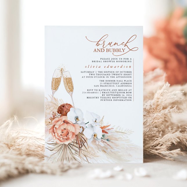 Terracotta Floral Pampas Grass Brunch and Bubbly Invitation (Floral Terracotta Bridal Shower Invitation - Brunch and Bubbly)