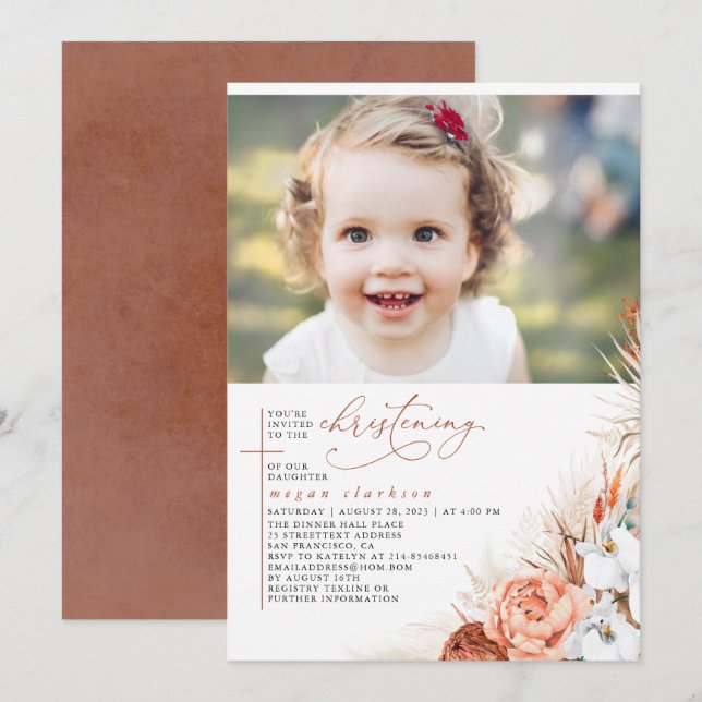 Terracotta Floral Pampas Grass Christening Photo Invitation (Front/Back)