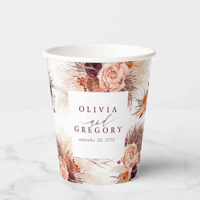 Terracotta Floral Pampas Grass Elegant Exotic Paper Cups (Front)