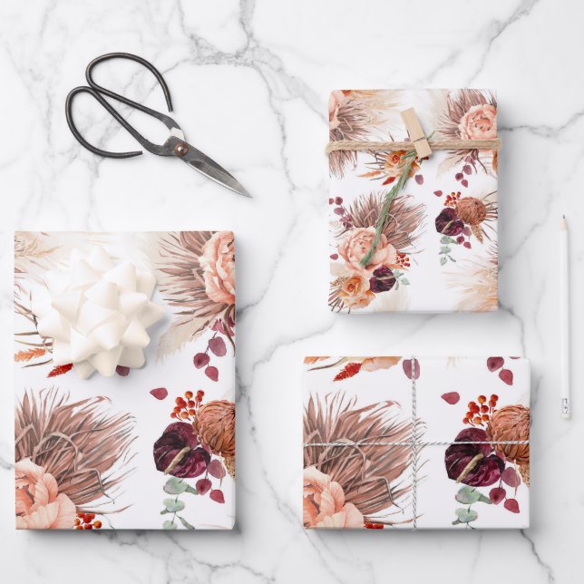 Terracotta Floral Pampas Grass Pattern Elegant Wrapping Paper Sheet (Front)