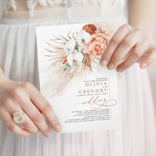 Terracotta Floral Pampas Grass Tropical Wedding Invitation