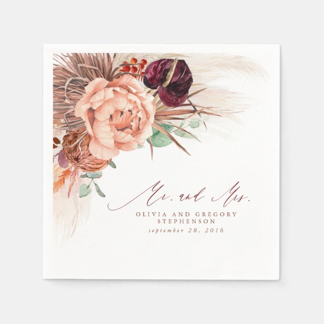 Terracotta Floral Pampas Grass Wedding Napkins (Front)