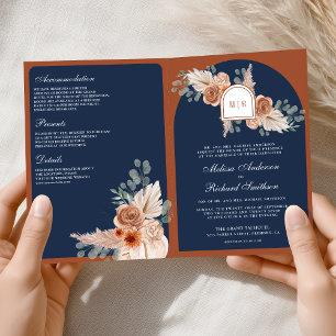 Terracotta Floral Pampas Navy Blue QR Code Wedding Invitation