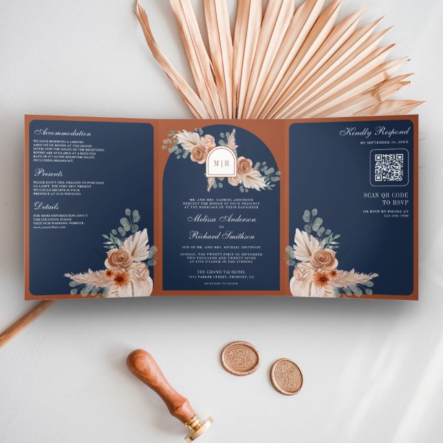 Terracotta Floral Pampas Navy Blue QR Code Wedding Tri-Fold Invitation (Creator Uploaded)