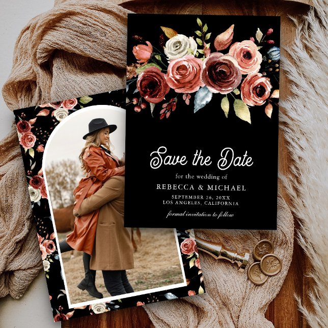 Terracotta Floral Photo Black Wedding Save The Date (Creator Uploaded)