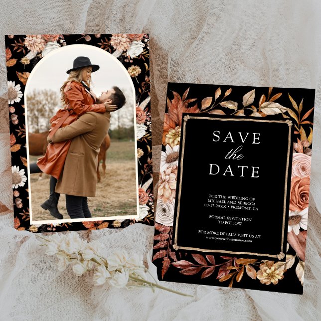 Terracotta Floral Photo Black Wedding Save The Date (Creator Uploaded)