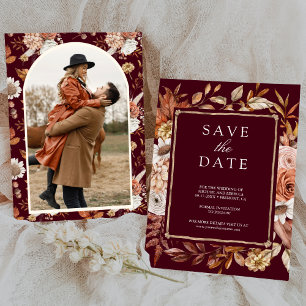 Terracotta Floral Photo Burgundy Wedding Save The Date